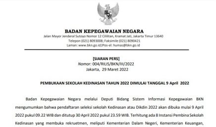 Pembukaan Sekolah Kedinasan Tahun 2022 Dimulai Tanggal 9 April 2022