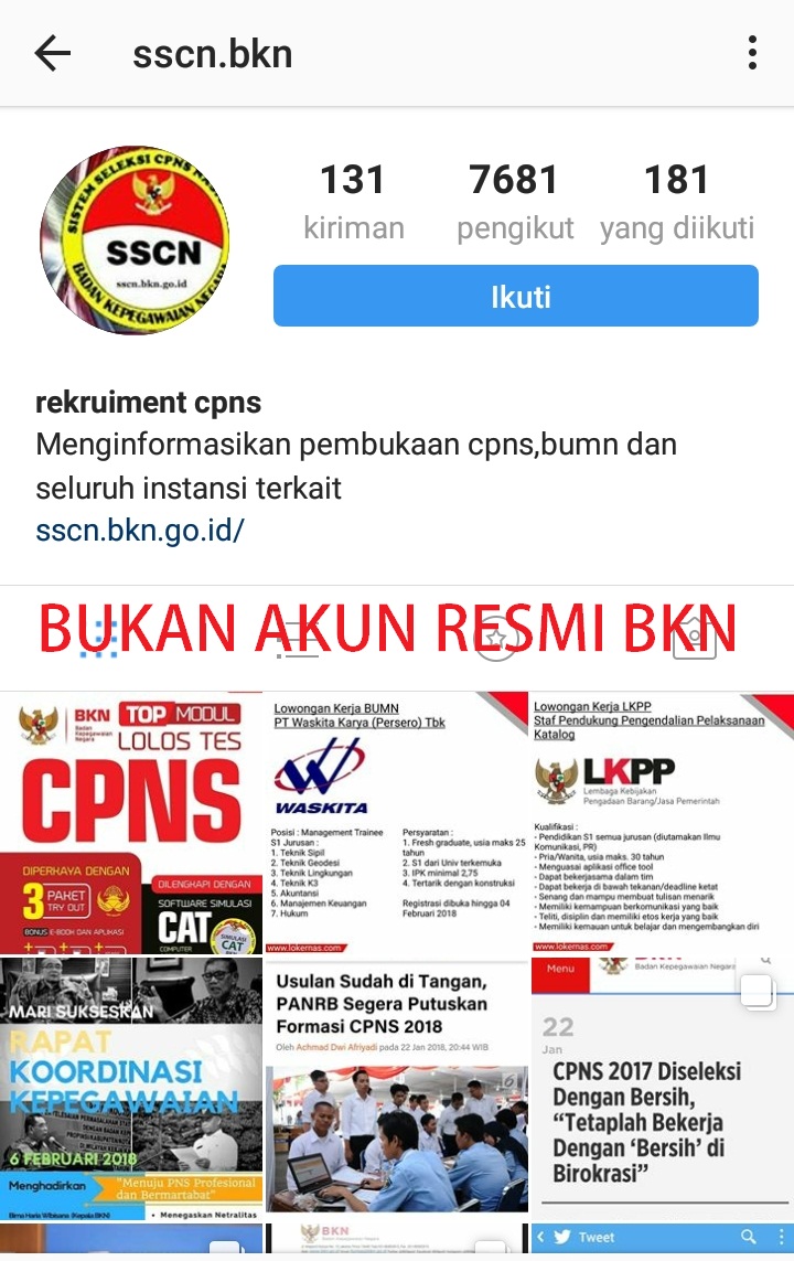 Akun Instagram Sscn Bkn Bukan Milik Bkn Badan Kepegawaian Negara