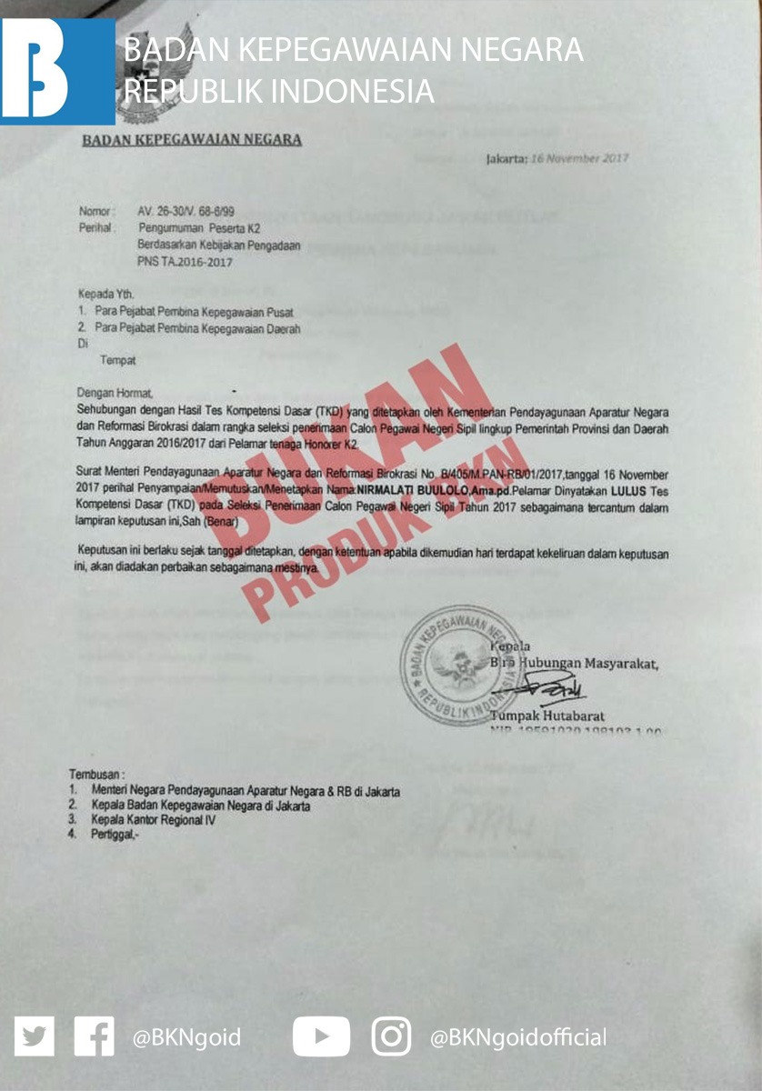 Surat Palsu Mengatasnamakan Kepala BKN Kembali Ditemukan Badan