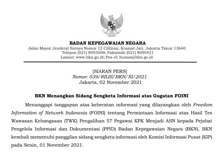 BKN Menangkan Sidang Sengketa Informasi Atas Gugatan FOINI